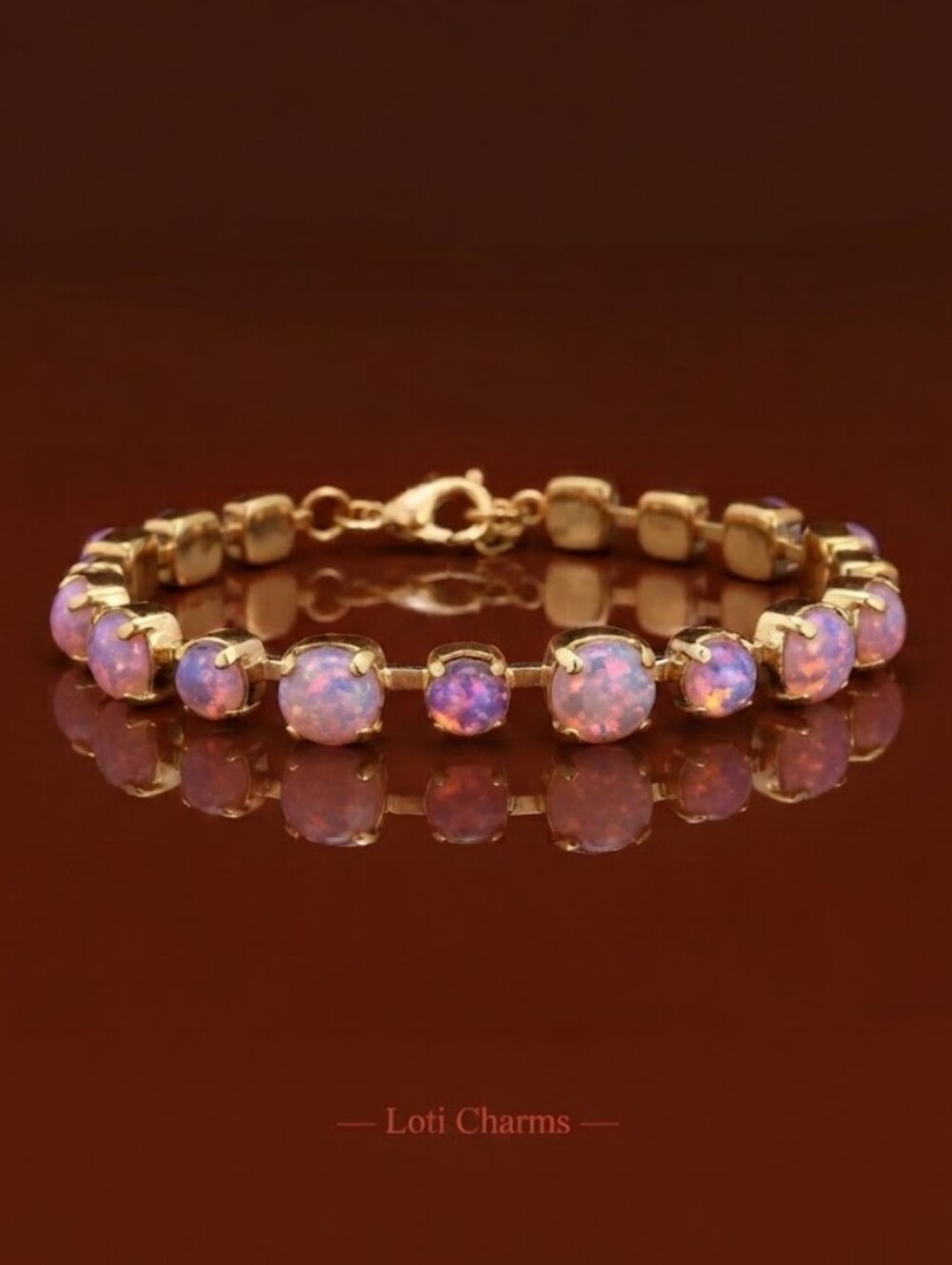 Pink Fire Opal Harlequin Glass In Classic Tennis Gold Plated Bracelet